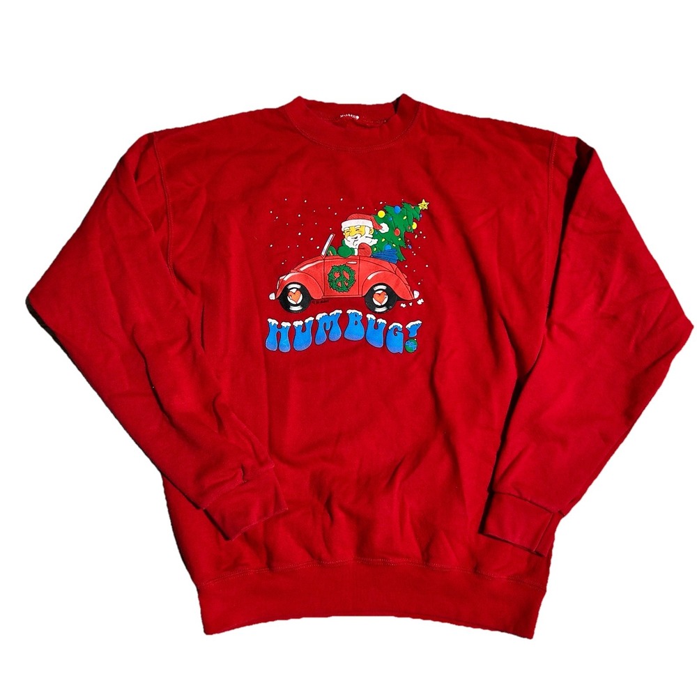 Vintage Red Christmas Sweatshirt Car Graphic‎ Humbug Santa Ugly Xmas Women's L